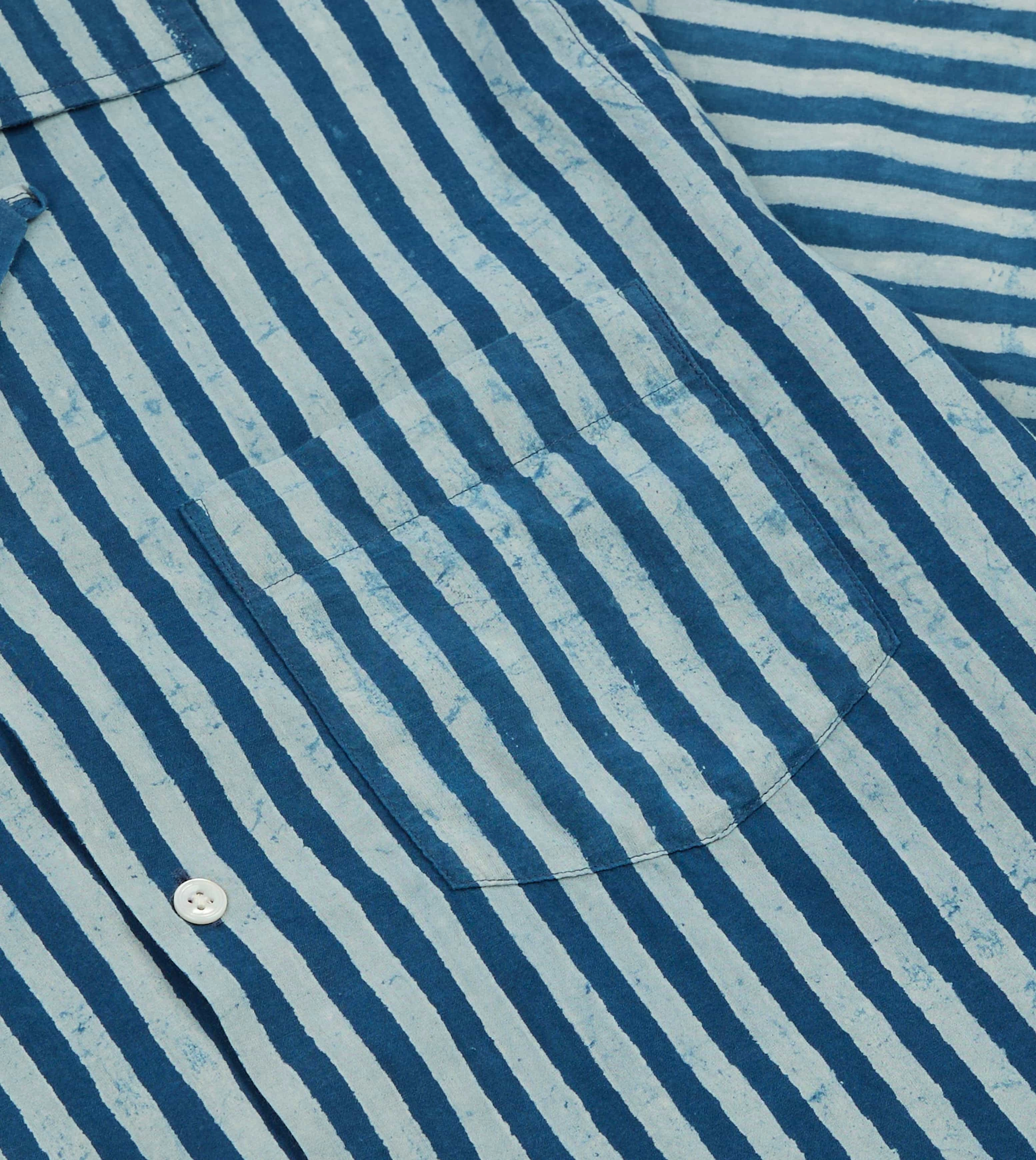 Spring Collection Indigo Stripe Block Print Cotton Camp Collar Short Sleeve Shirt