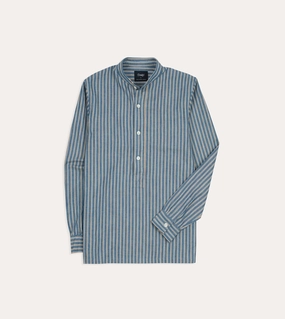 Neutral Colors Indigo Stripe Cotton Mandarin Collar Popover Shirt