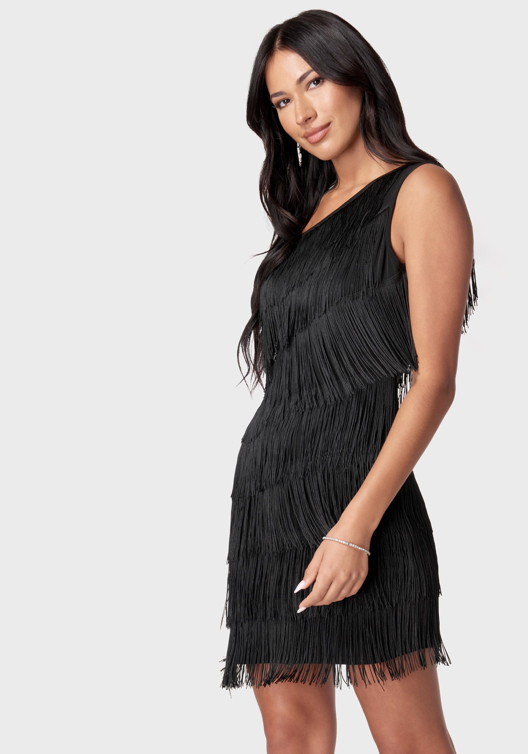 Cold-Shoulder Quick Outfit Asymmetrical Tiered Fringe Dress