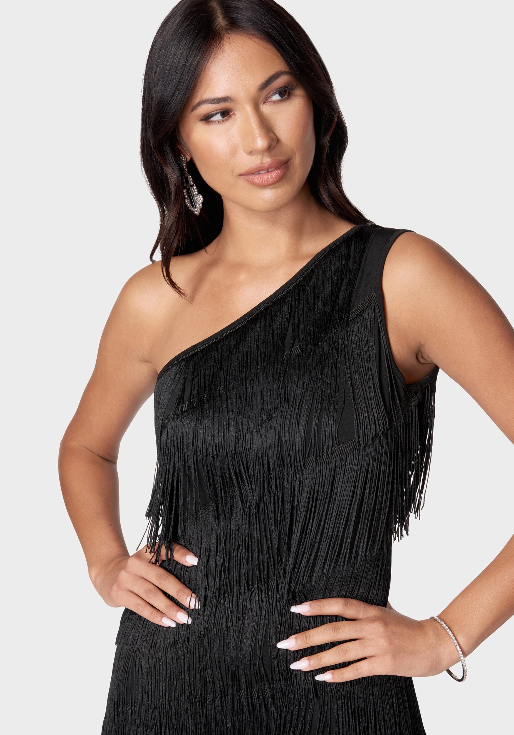 Sage Detail Asymmetrical Tiered Fringe Dress