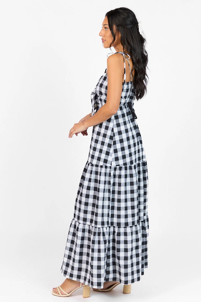 Checked Out Black and White Gingham Tie Front Maxi Dress FINAL SALE Light Mood Cozy Base