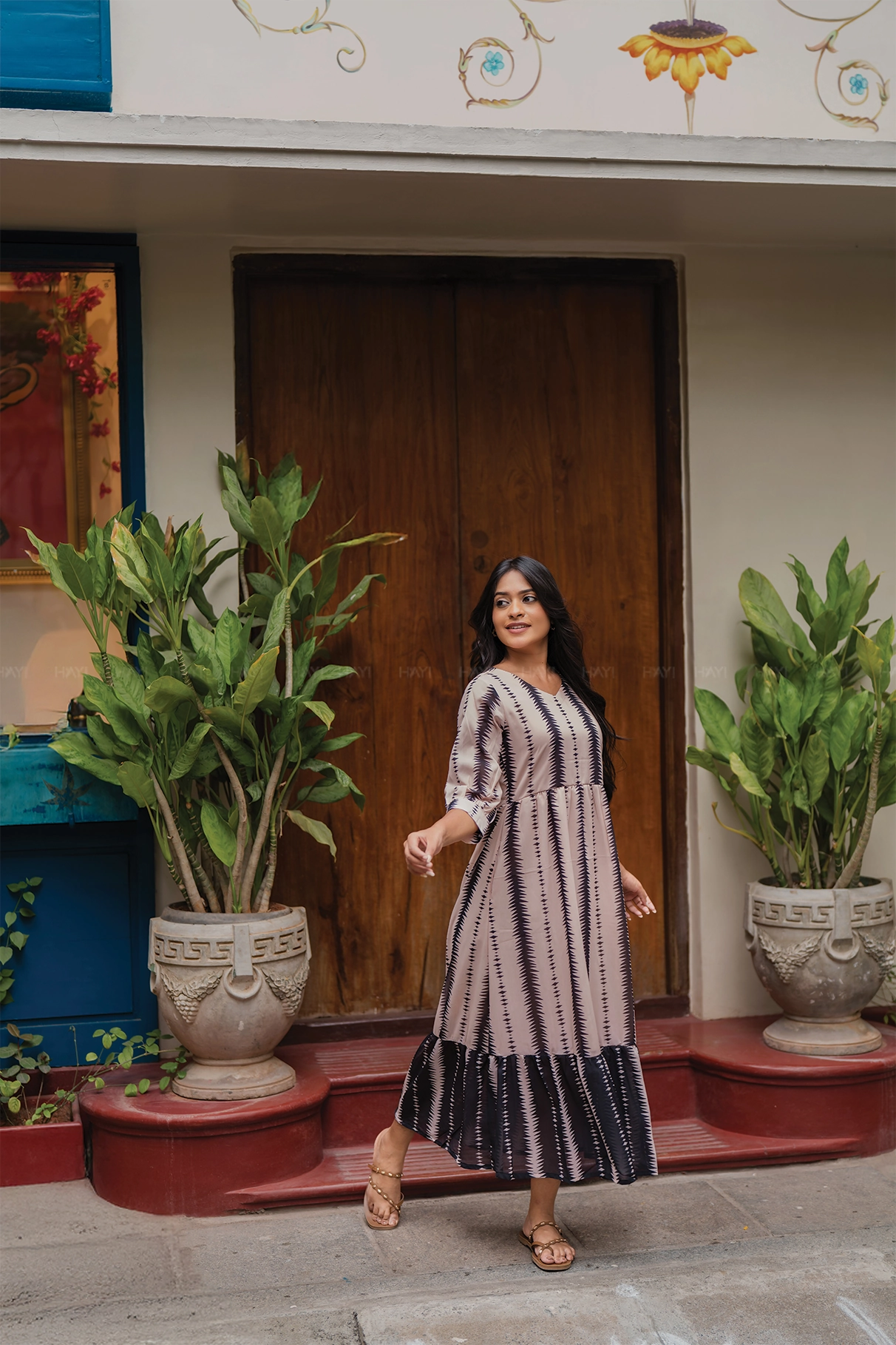 Relax Mode Climate-Adaptive Ivy Beige with Boho Haze printed Lux Georgette Dress