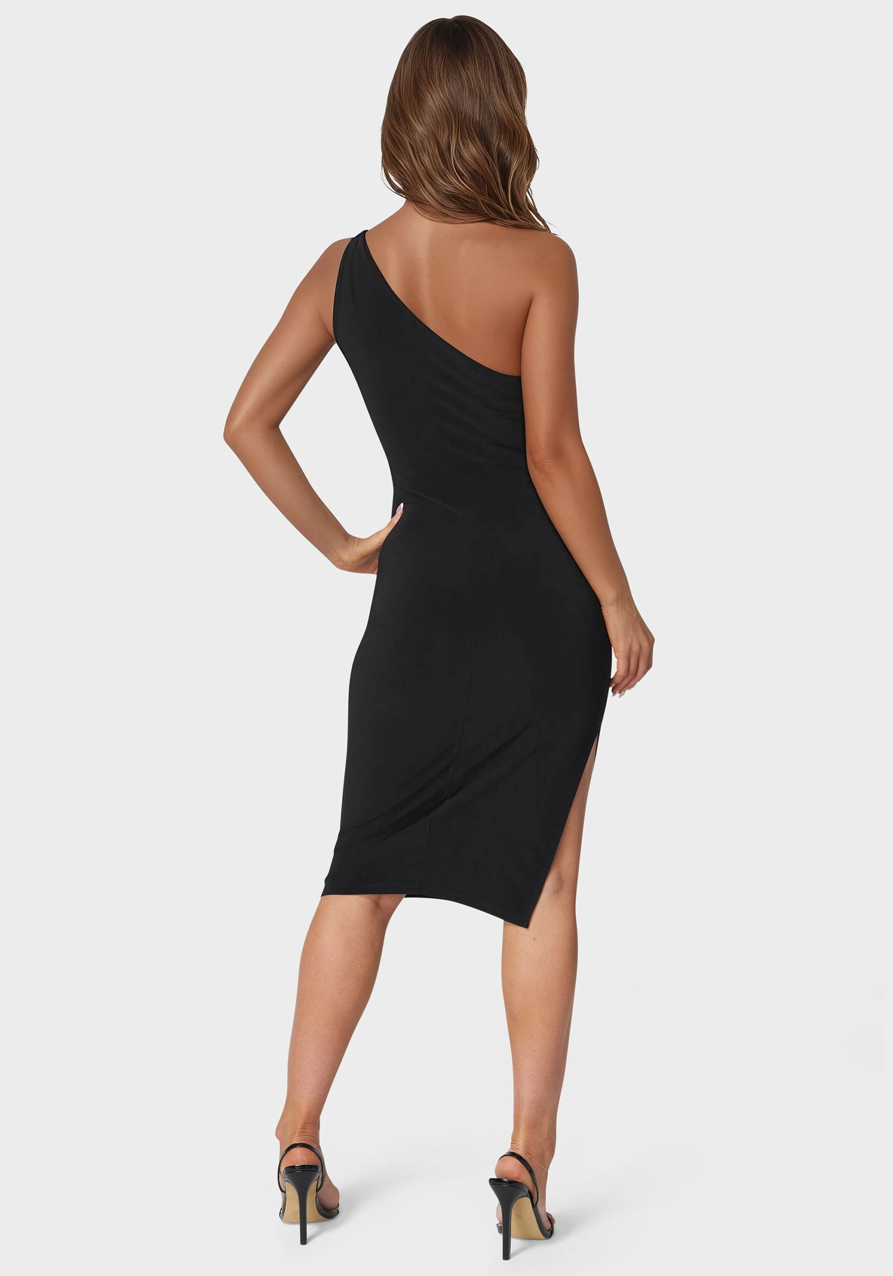 Jersey One Shoulder Midi With Gold Trim Stylish Silhouette