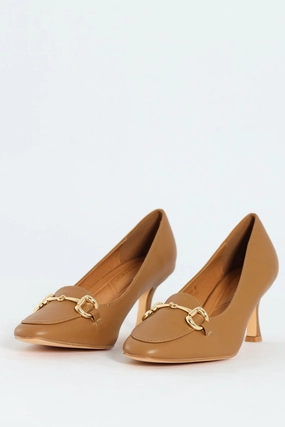 Red High Heels for Weddings Juliet Almond Toe Juliet Horsebit Kitten Court Heel - Camel
