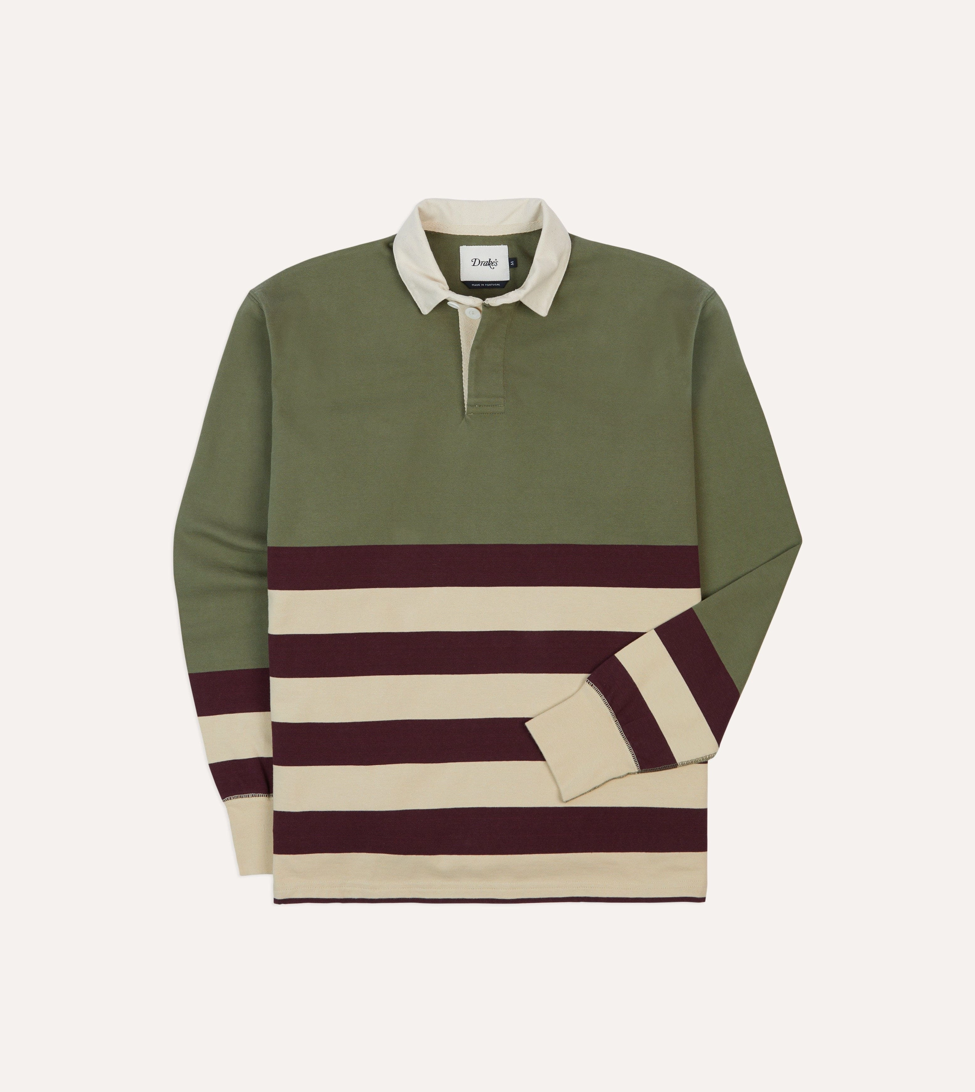 Khaki, Burgundy and Ecru Half Striped Cotton Rugby Shirt Chic Look Vibrant Colors