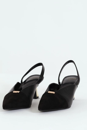 Heel Booties Pointed Slingback Kitten Heel - Black