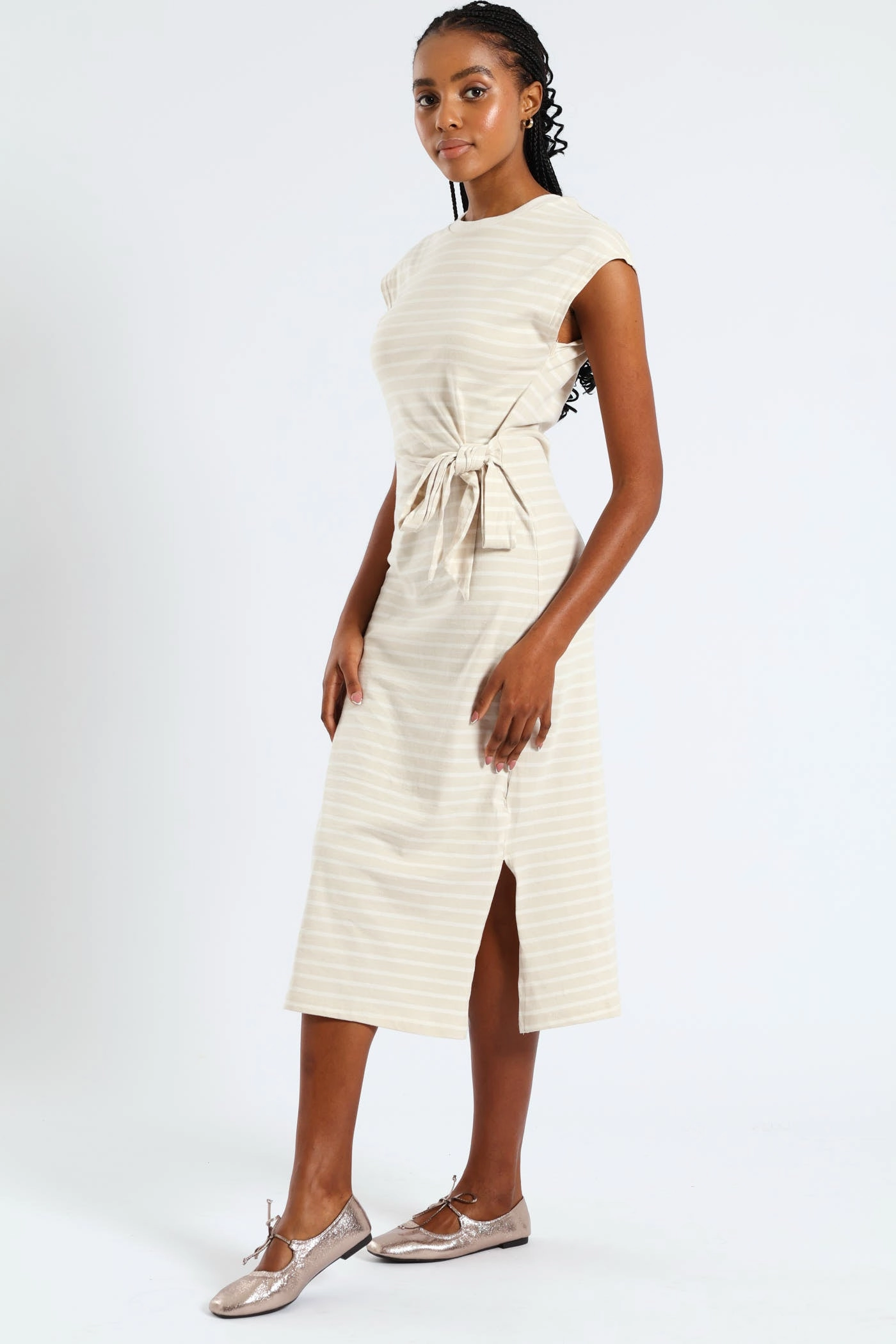 All-Occasion Wear Knot Front Side Slit Midi T-Shirt Dress - Beige/Cream