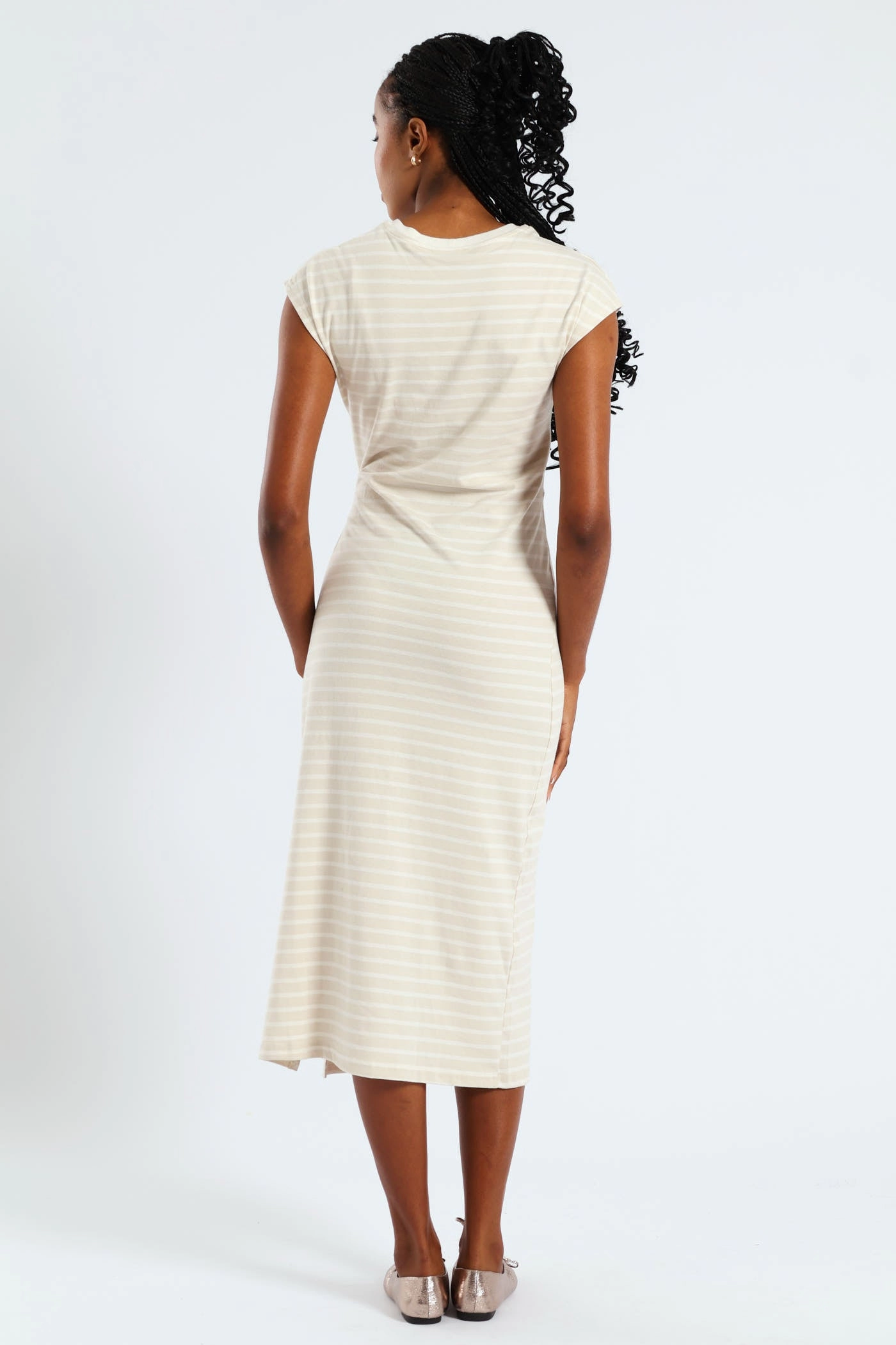 Knot Front Side Slit Midi T-Shirt Dress - Beige/Cream Winter-Season