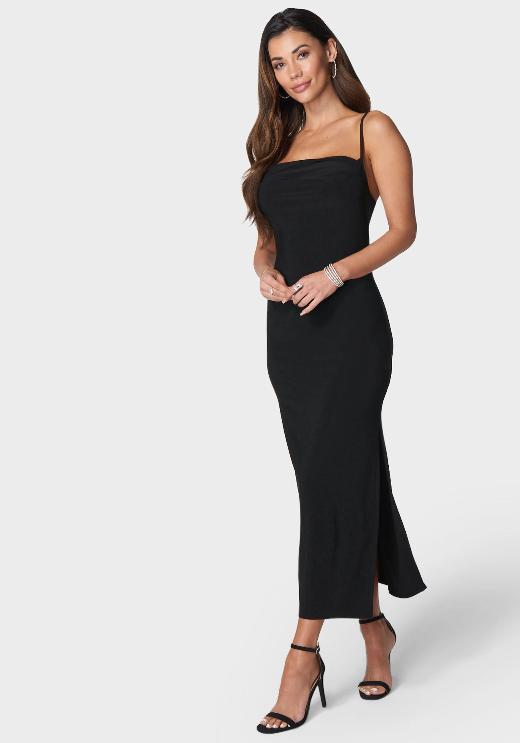 Cowl Neck Spaghetti Strap Slit Maxi Smart Fit