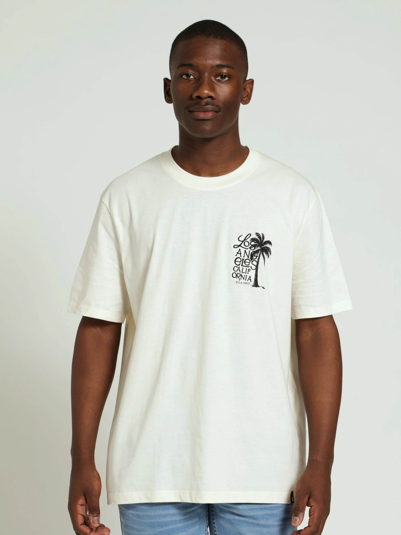 Award-winning Stylish and Cozy La California Palm Embroidered Front & Back Tee - Off White
