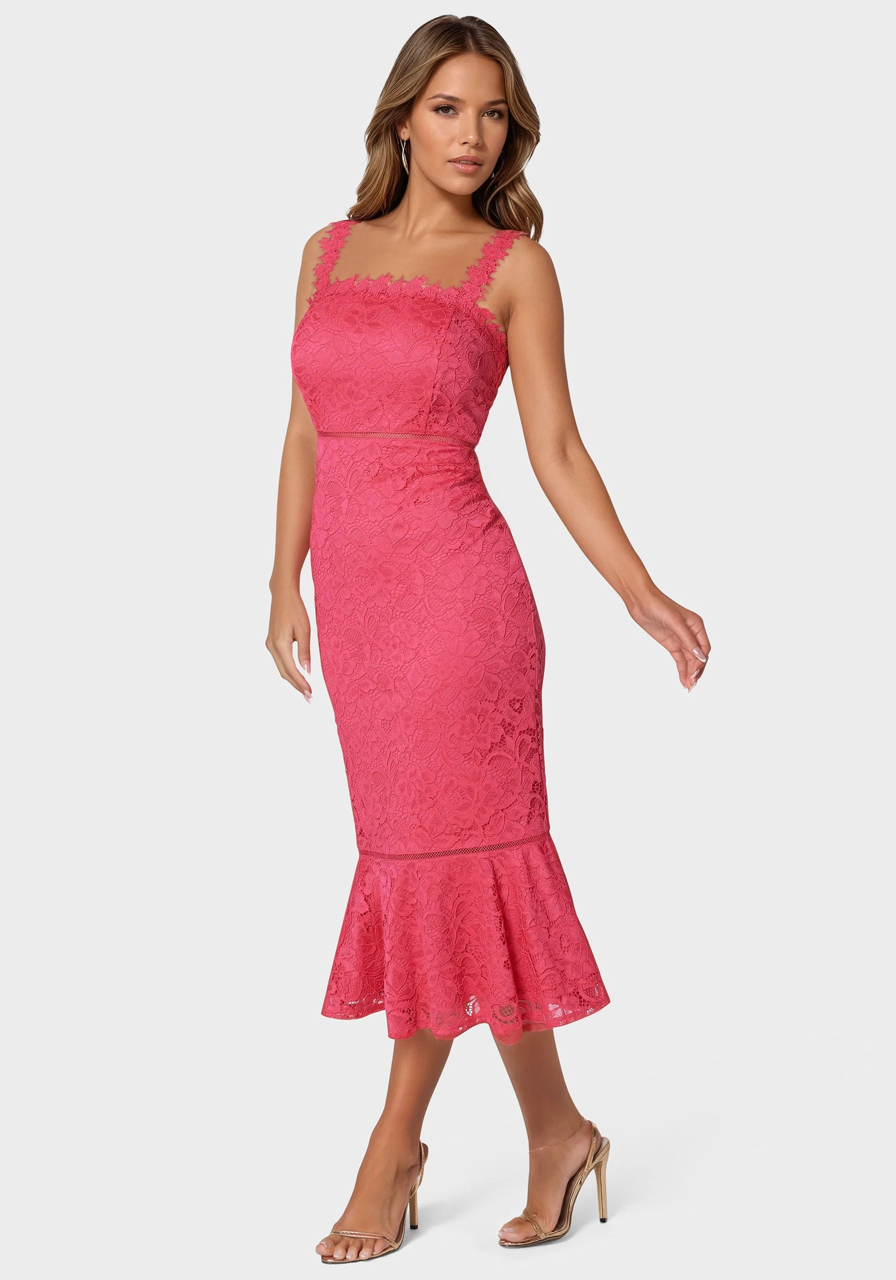 Lace Flounce Midi Dress Flattering bodycon dress Plus Fit