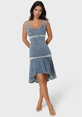 Lace Insert High Low Denim Dress Ombre-Effect Velvet-Sleeve