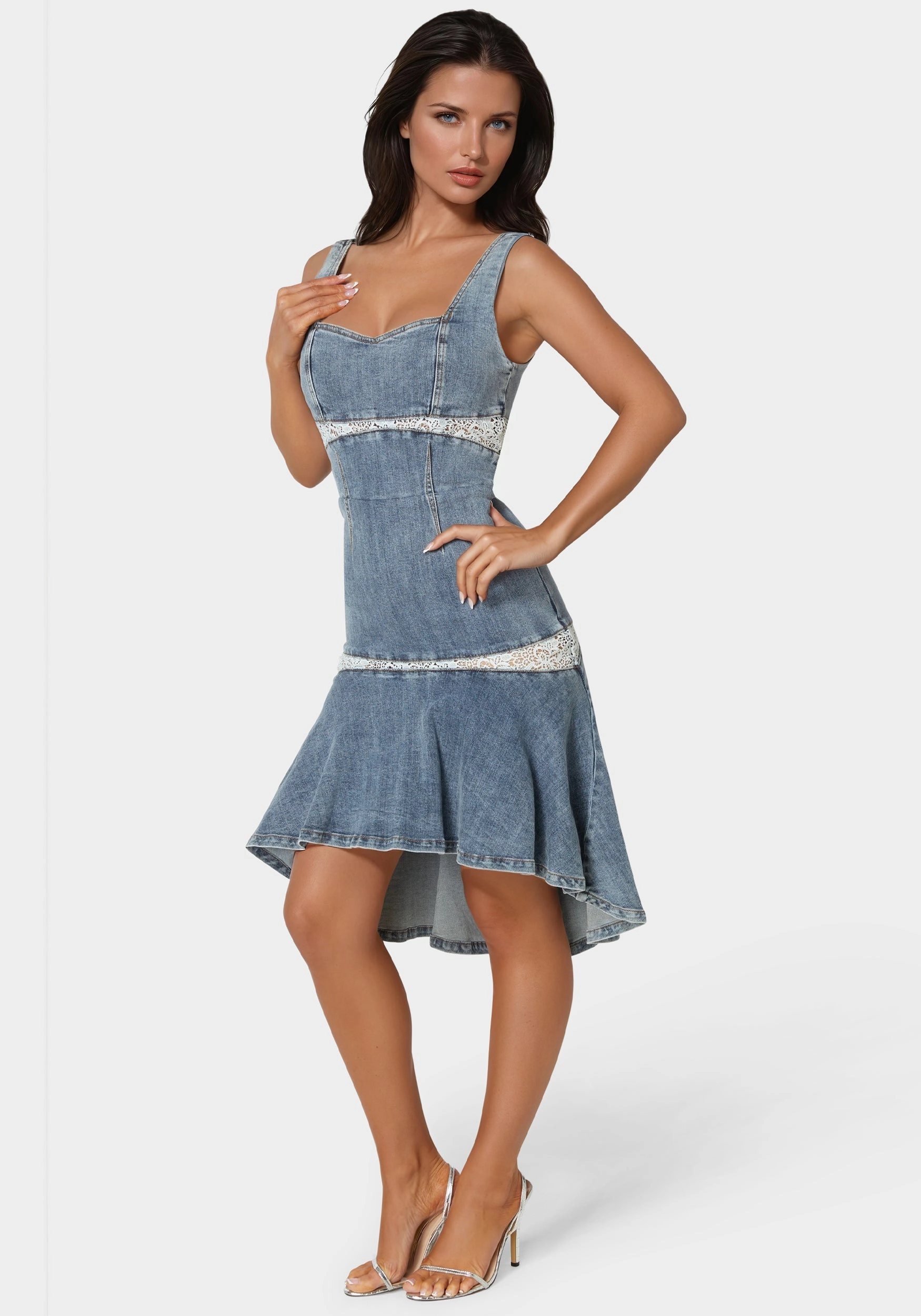 Lace Insert High Low Denim Dress Perfect For Work