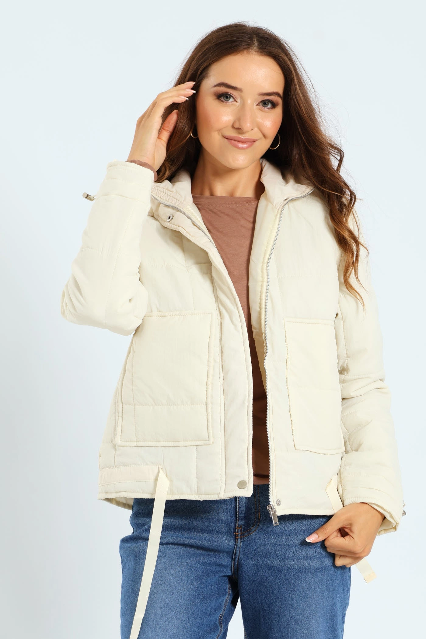 Long Sleeves ErgonomicSleeveCut Light Weight Boxy Quilted Puffer - Fawn