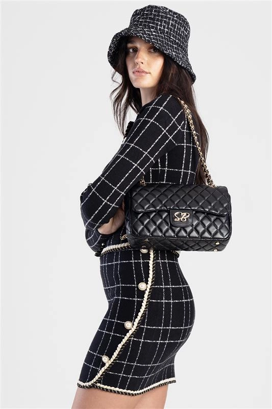 Plaid Knit Skirt With Braided Edge - Black/White Removable Belt Twist Knot Details