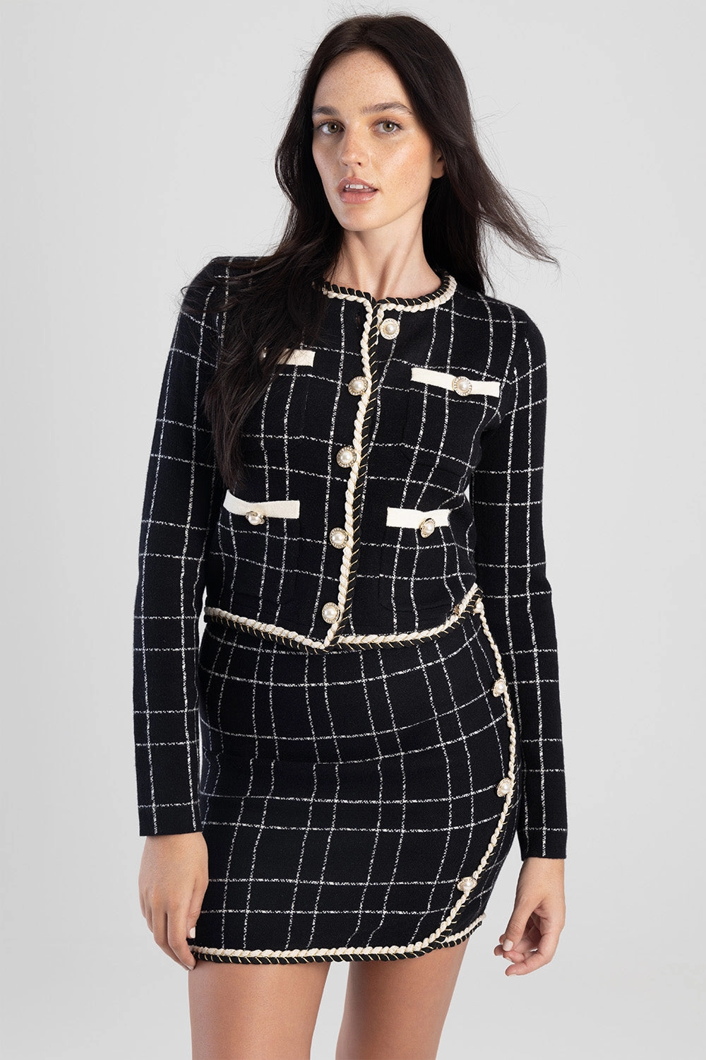 mix and match Plaid Knit Skirt With Braided Edge - Black/White