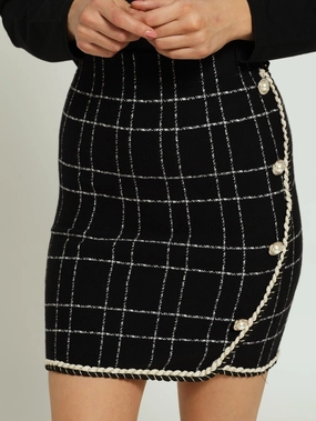 Daily Style Plaid Knit Skirt With Braided Edge - Black/White