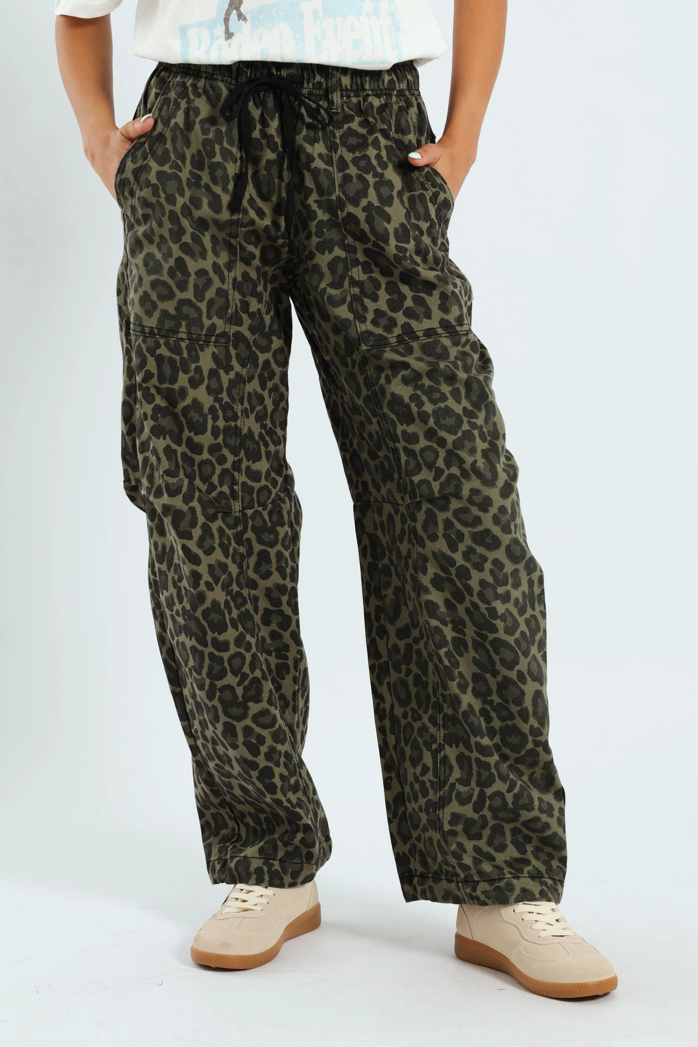 Thermal Insulation Layer Leopard Print Barrel Pants - Green