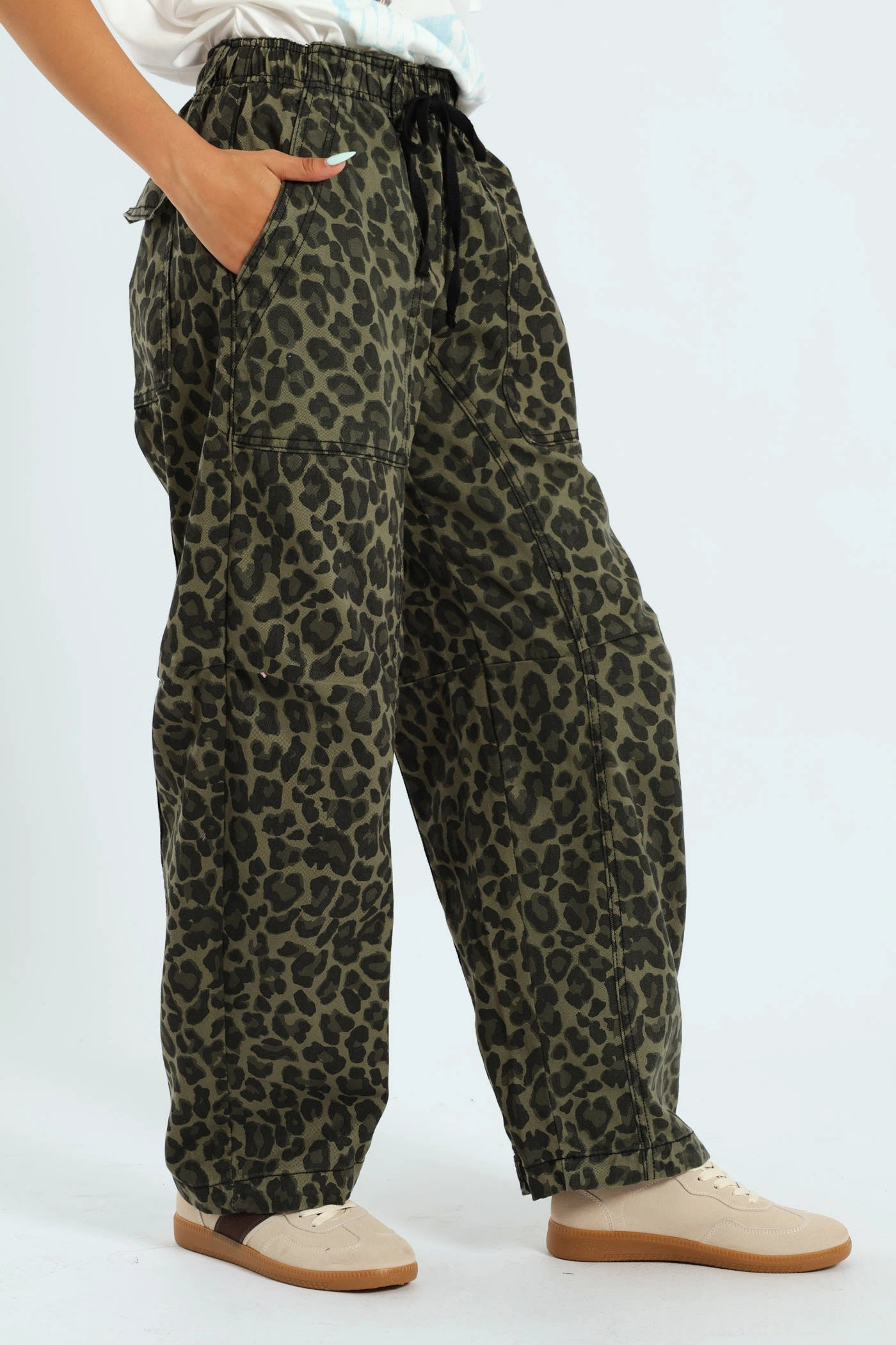 Leopard Print Barrel Pants - Green RecycledMaterial