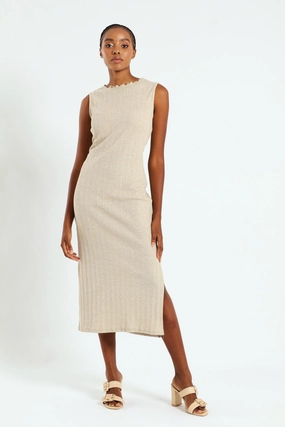 Raglan-Sleeve Quick Elegance Lettuce Neck Rib Column Shimmer Maxi Dress - Oatmeal Melange