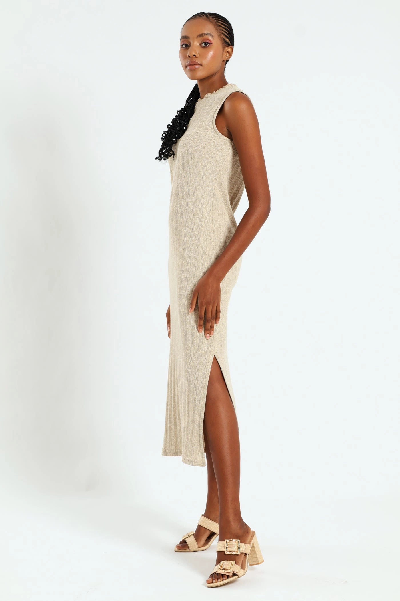 Polished Finish Lettuce Neck Rib Column Shimmer Maxi Dress - Oatmeal Melange