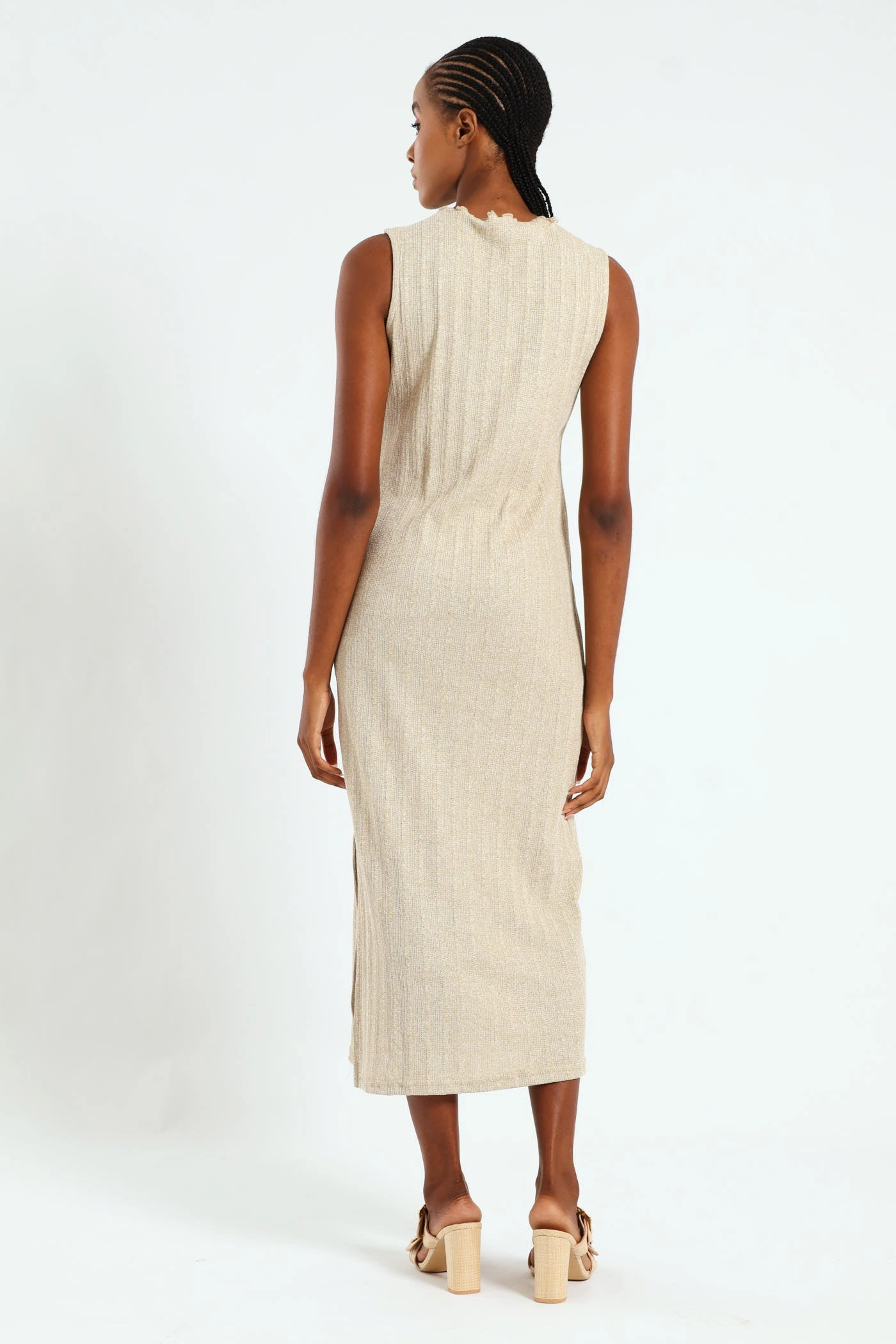 Light Rhythm Contemporary Wear Lettuce Neck Rib Column Shimmer Maxi Dress - Oatmeal Melange