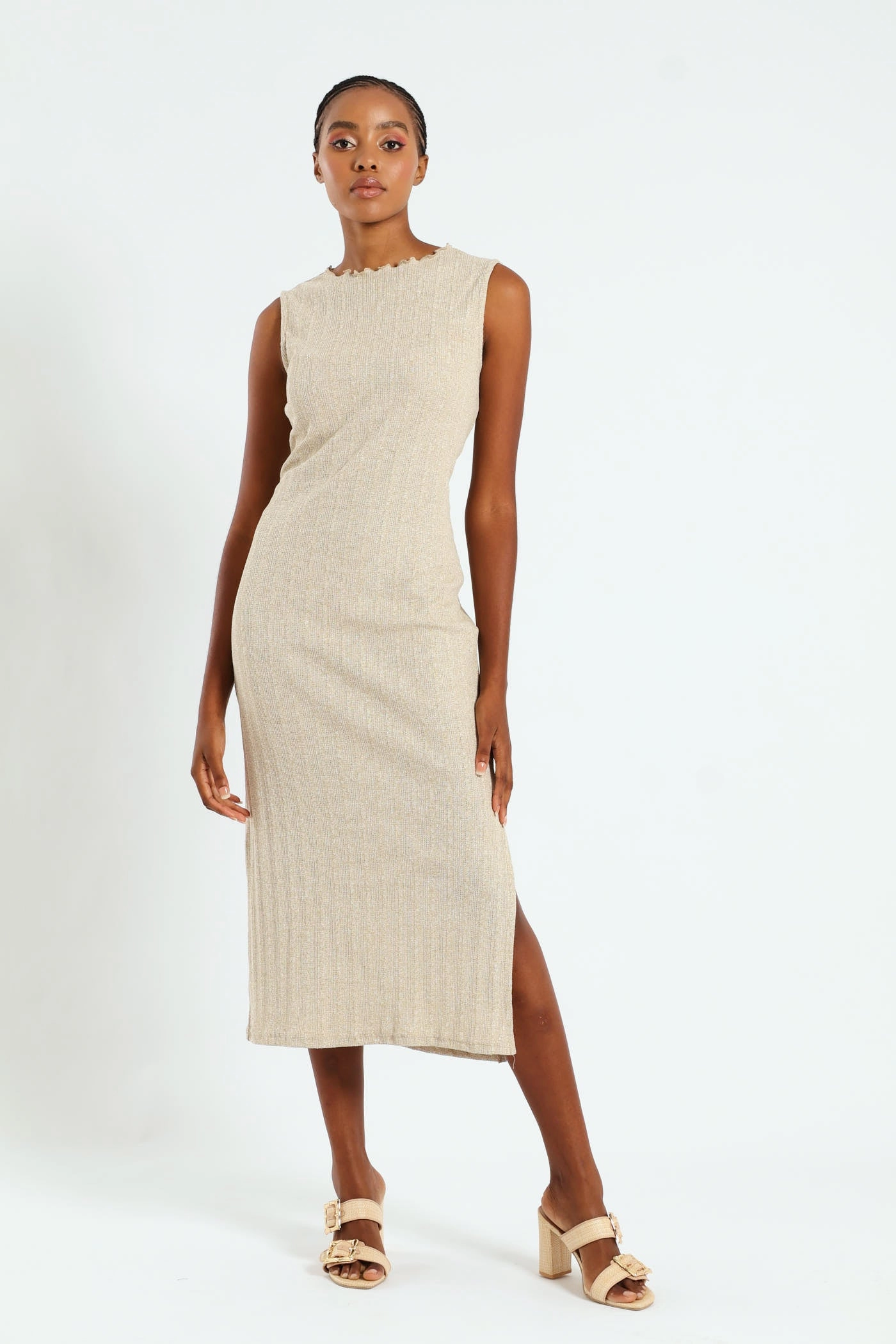 Raglan-Sleeve Quick Elegance Lettuce Neck Rib Column Shimmer Maxi Dress - Oatmeal Melange