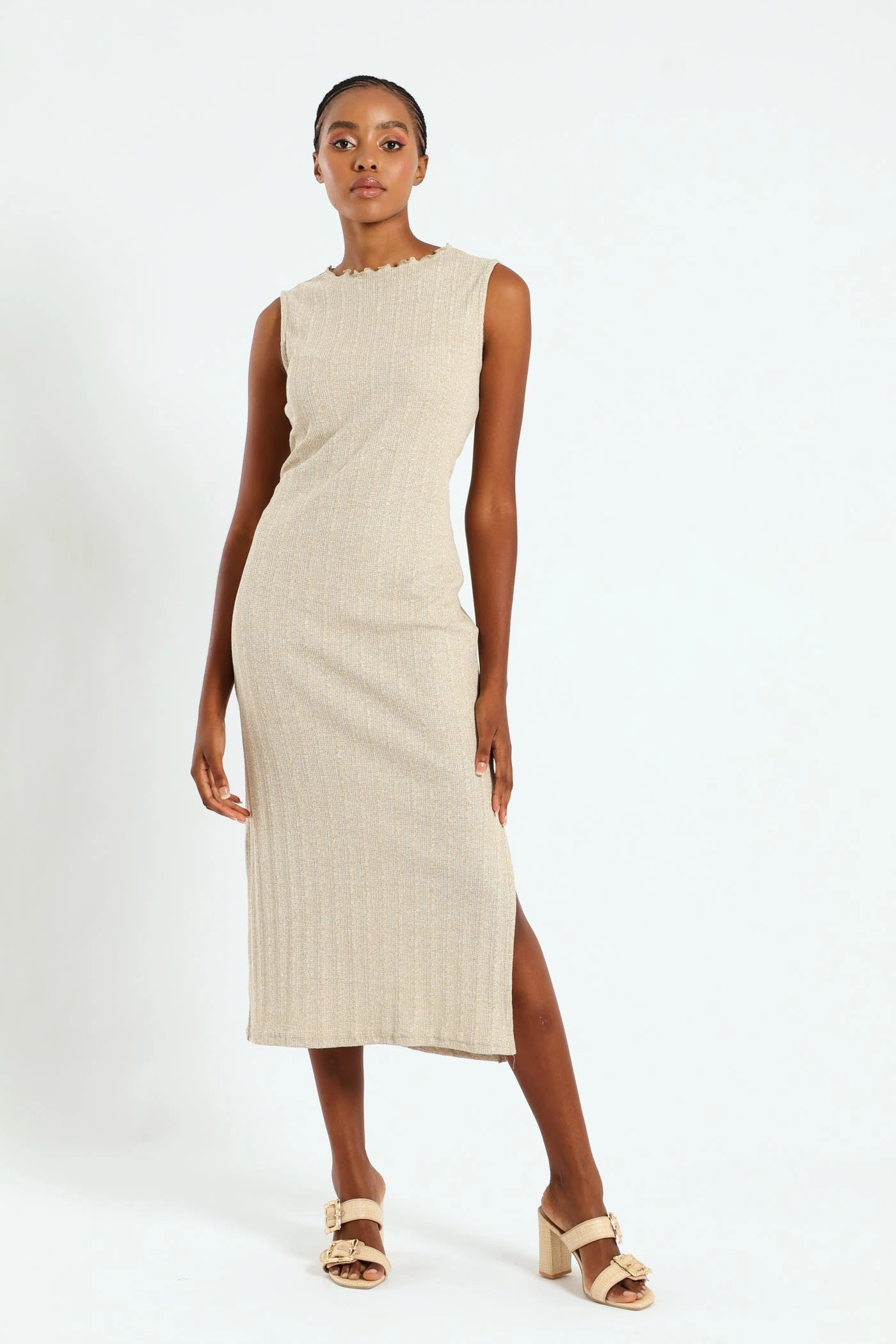 Mid Season Lettuce Neck Rib Column Shimmer Maxi Dress - Oatmeal Melange