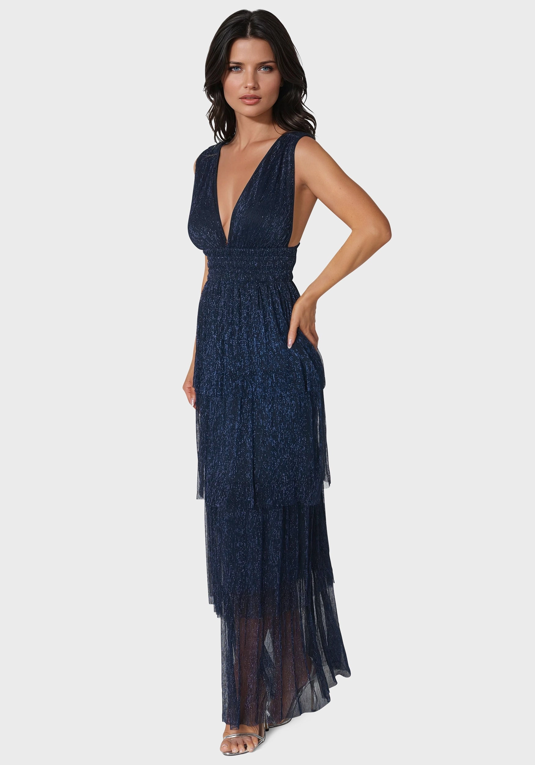 Tiered Plunge Neck Lurex Midi Dress Simple Style