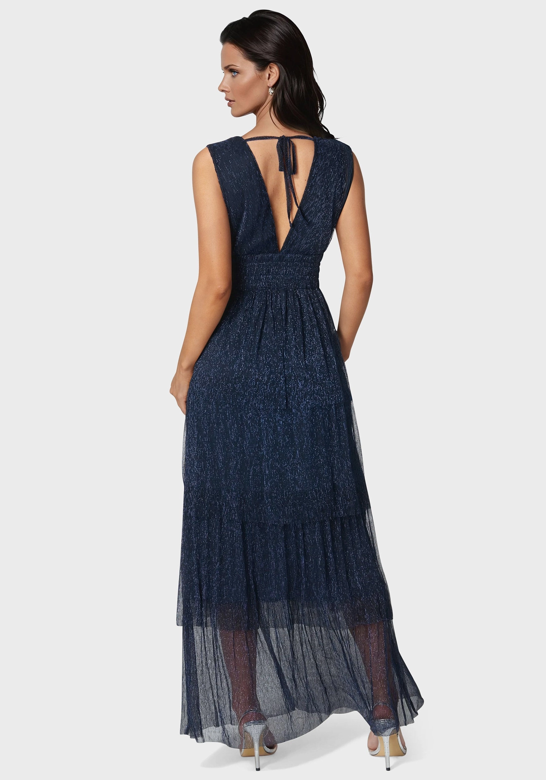 Tiered Plunge Neck Lurex Midi Dress Recycled-Material