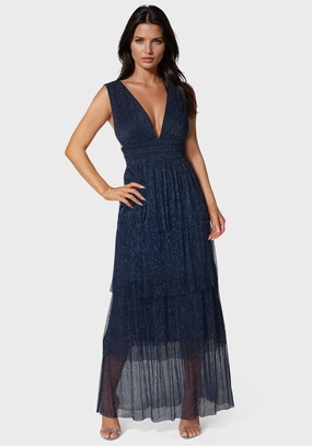 Tiered Plunge Neck Lurex Midi Dress Fresh Look AntiFrayEdging