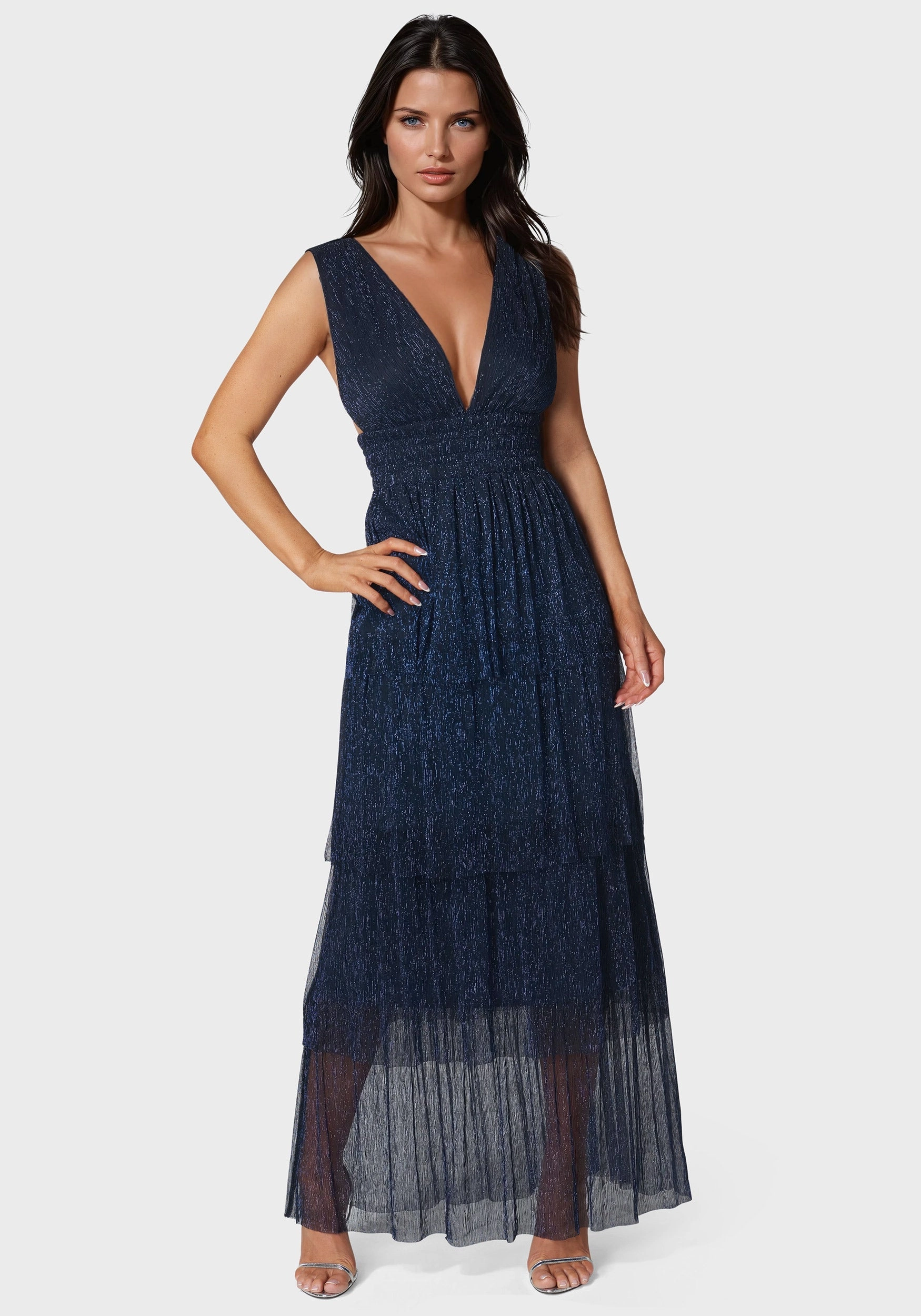 Tiered Plunge Neck Lurex Midi Dress Fresh Look AntiFrayEdging