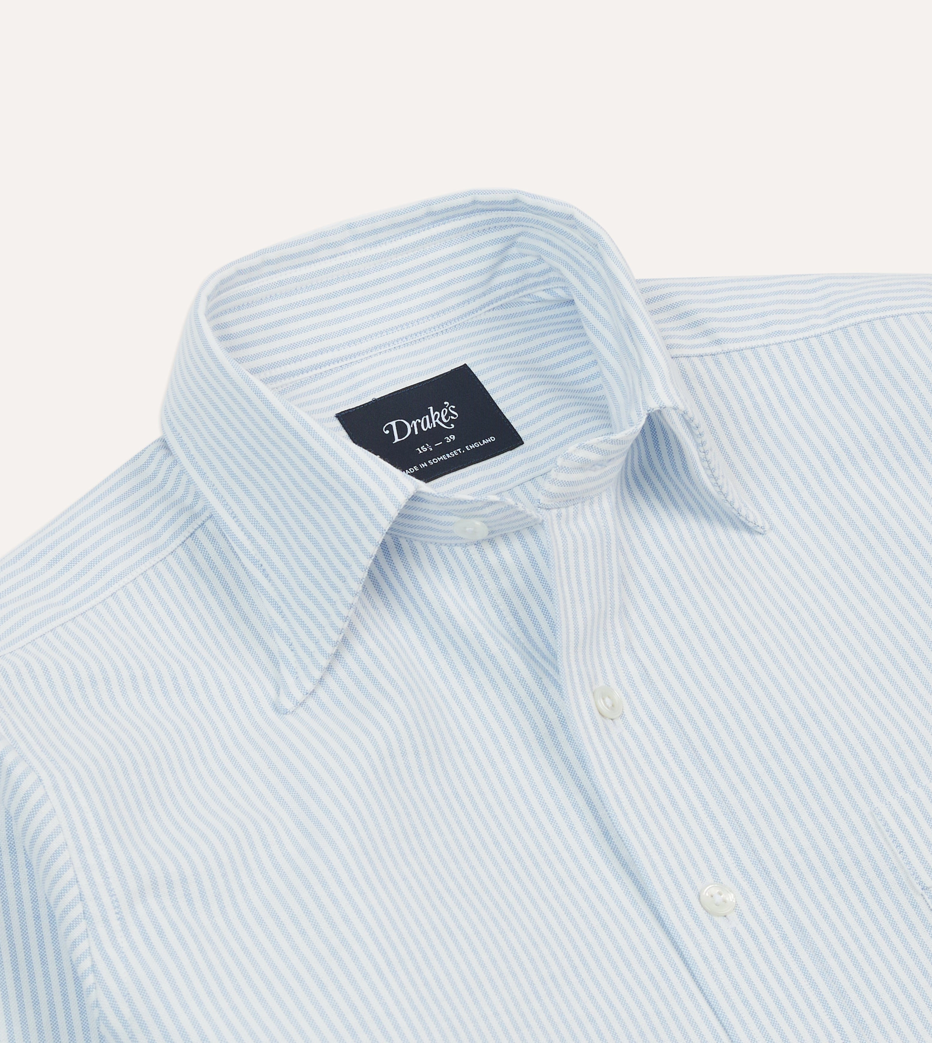 Light Blue and White Ticking Stripe Cotton Oxford Cloth Long Point Collar Shirt Durable Thread Construction
