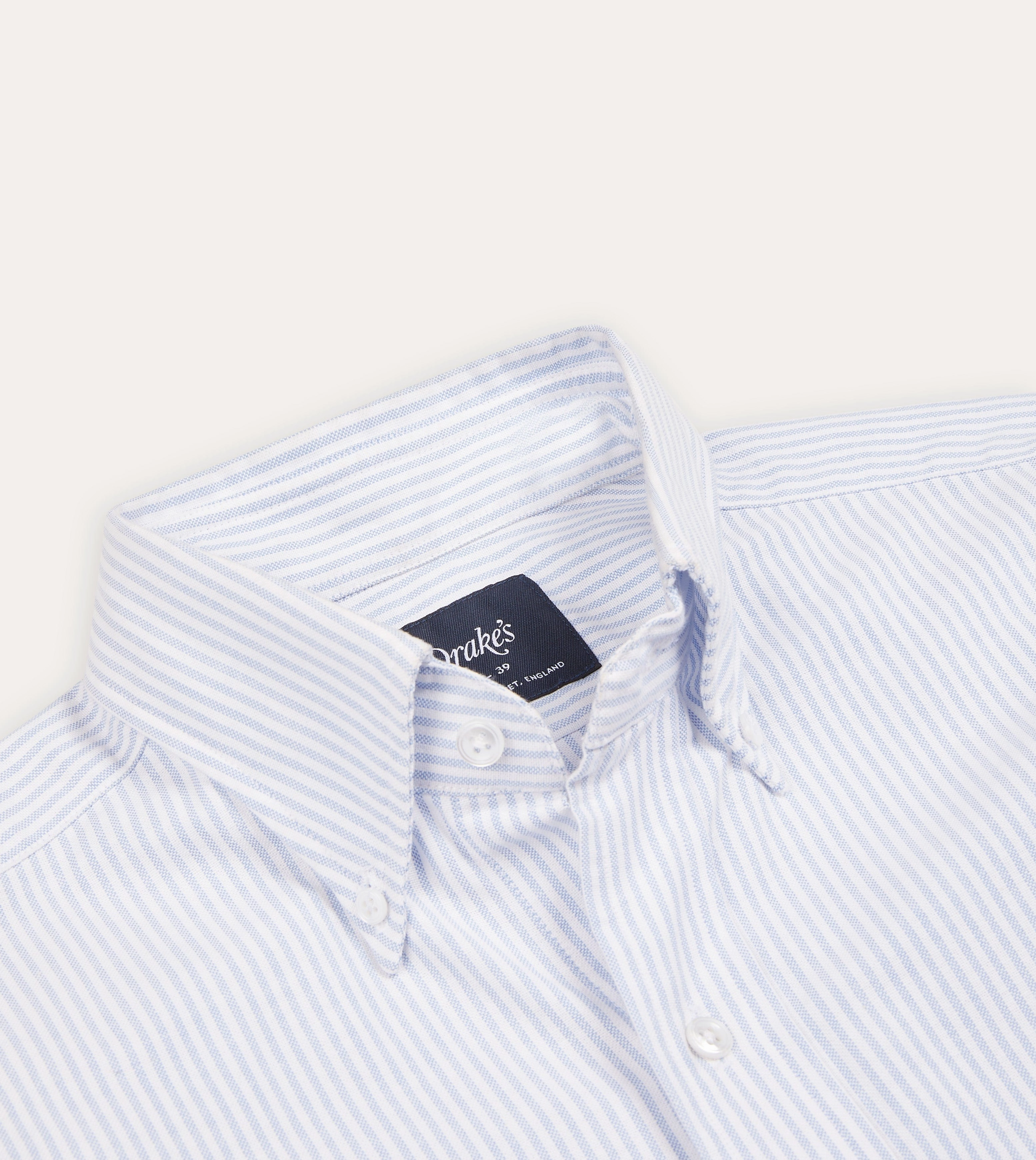 Light Blue Ticking Stripe Cotton Oxford Cloth Button-Down Shirt Asymmetrical Cut Tagless Labeling