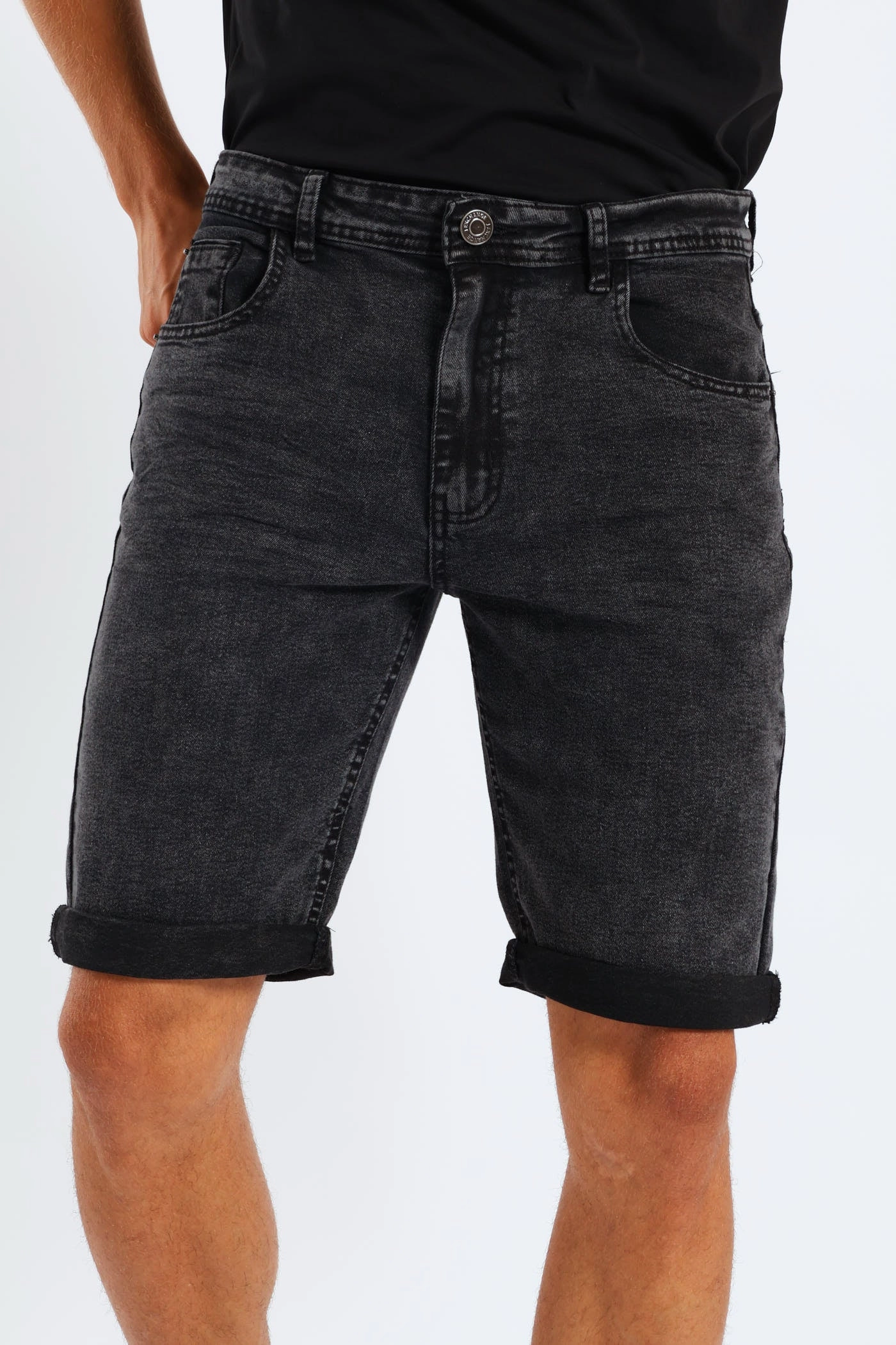 Light Coverage Acid Denim Short - Black Moisture Management Lining Unisex Design