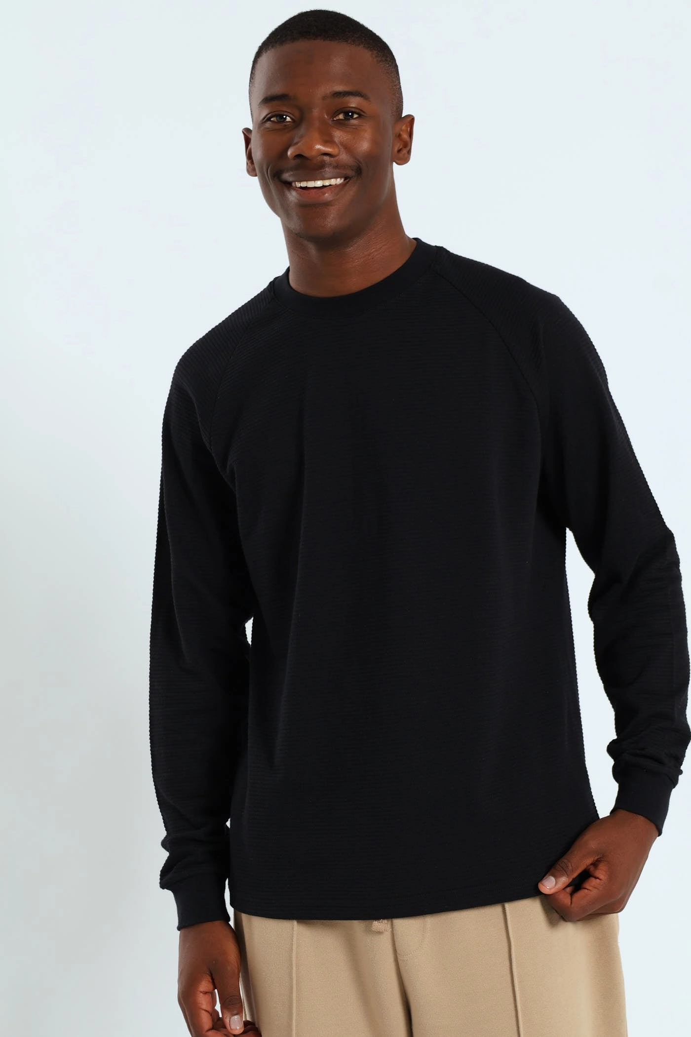 Raglan Sleeve Waffle Tee - Black Heather Texture Finish