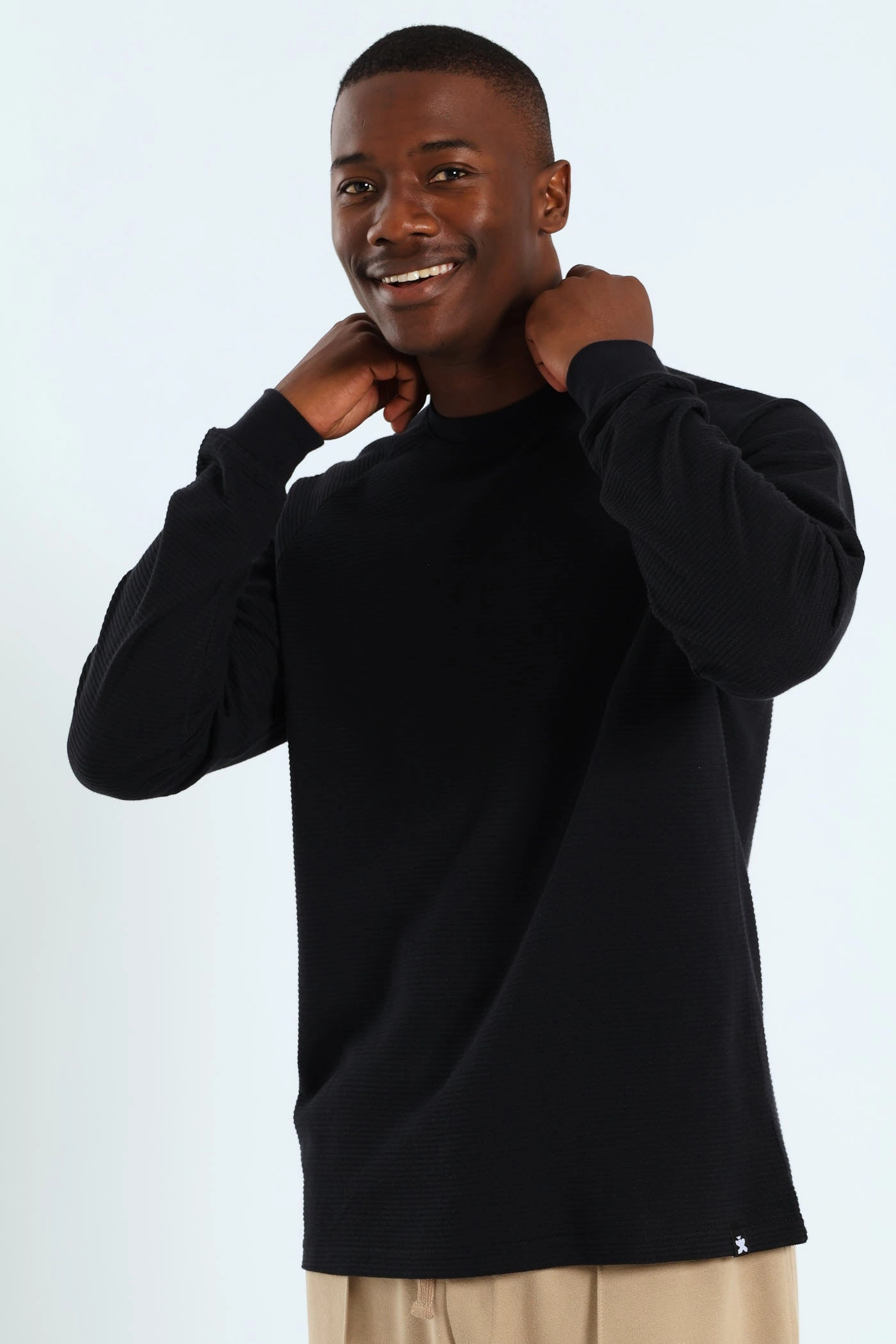 Lightweight Look Urban Style Trend Raglan Sleeve Waffle Tee - Black