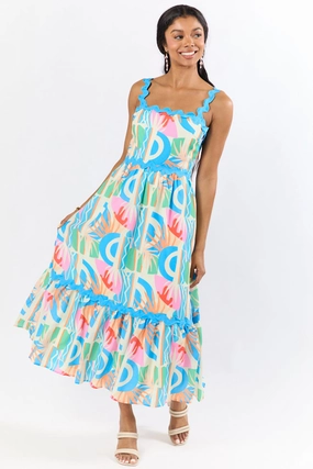 Tropical Tango Multi Rick Rack Trim Printed Midi Dress FINAL SALE Built-In-Slip Summer Soft