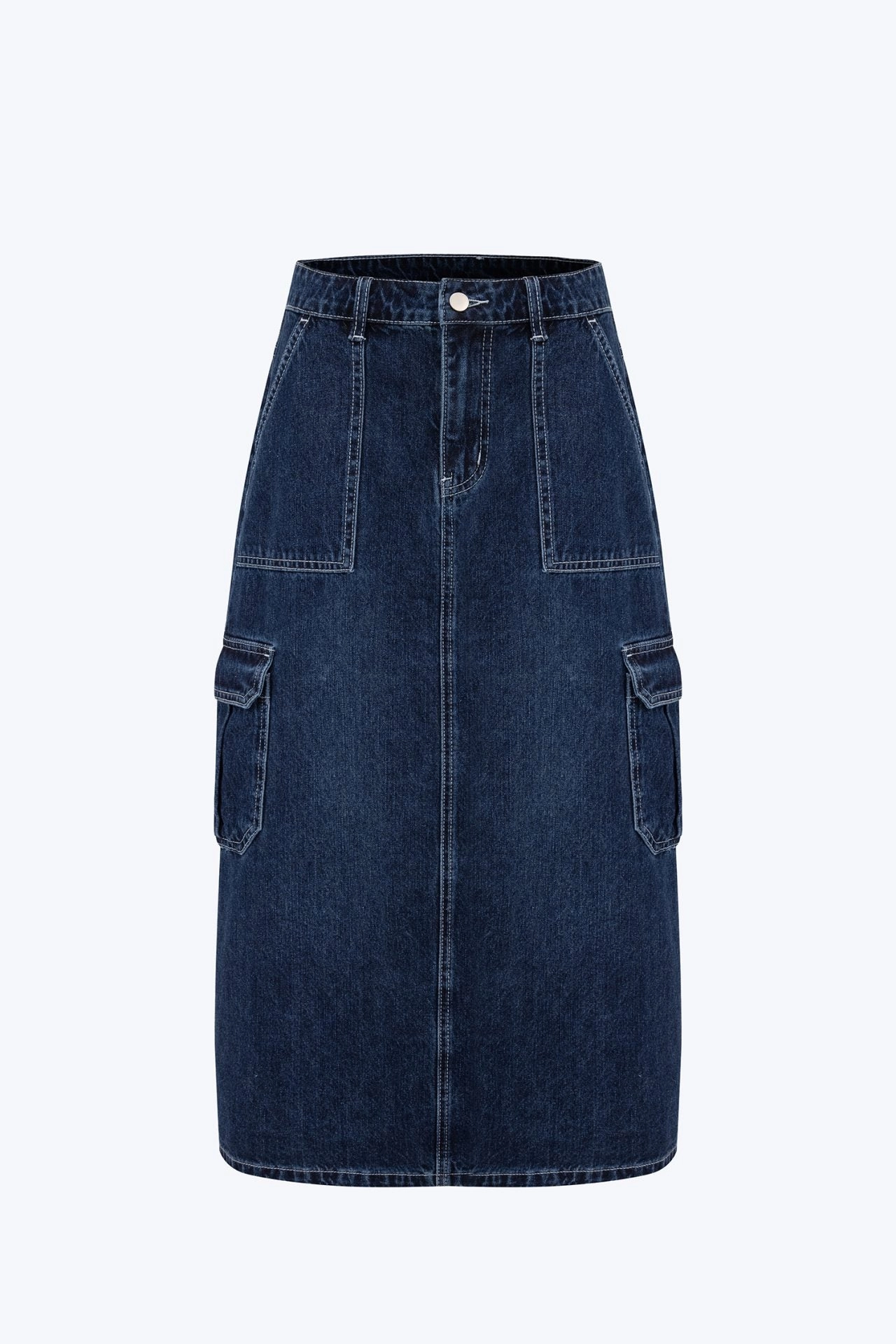 Stretch Waist Neutral Tones Denim Cargo Skirt - Dark Denim [AT]