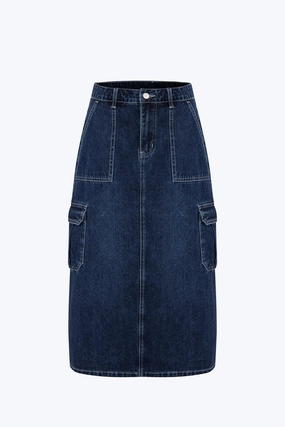Stretch Waist Neutral Tones Denim Cargo Skirt - Dark Denim [AT]