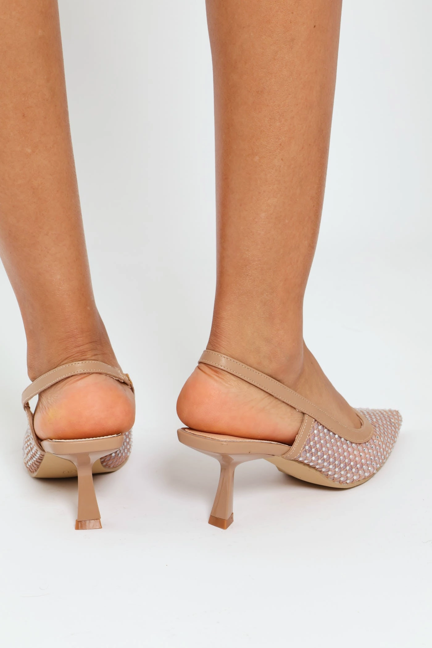 Comfortable Soles High Fashion Mesh Studded Slingback Mule Heel - Natural