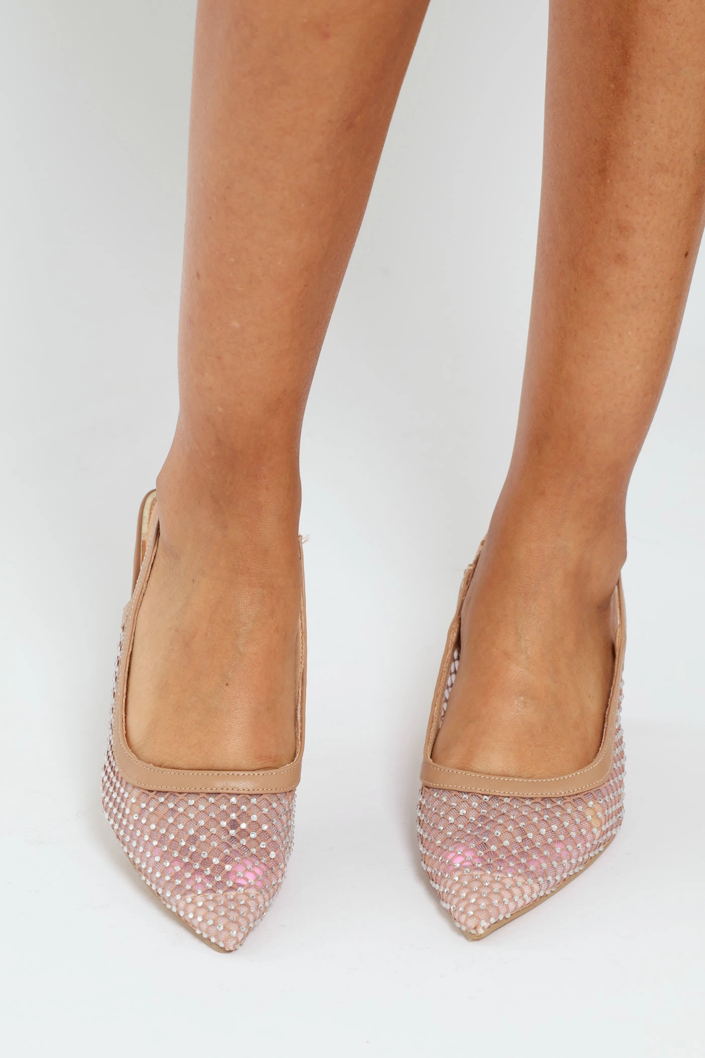 Cozy Heels Outdoor Wedding Heels High Fashion Mesh Studded Slingback Mule Heel - Natural