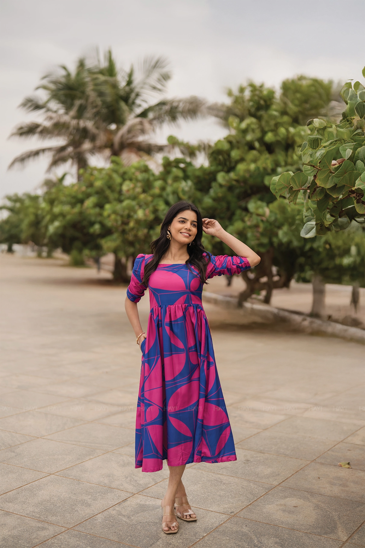 Majestic Blue with Royal Maze printed Viscose Dress Subtle Touch