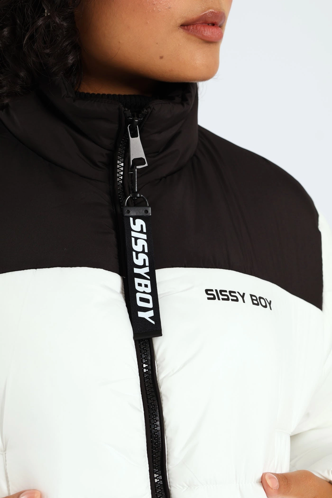On My Way Puffer Jacket With Contrast Panels & Branding - Black/White Reinforced Edging