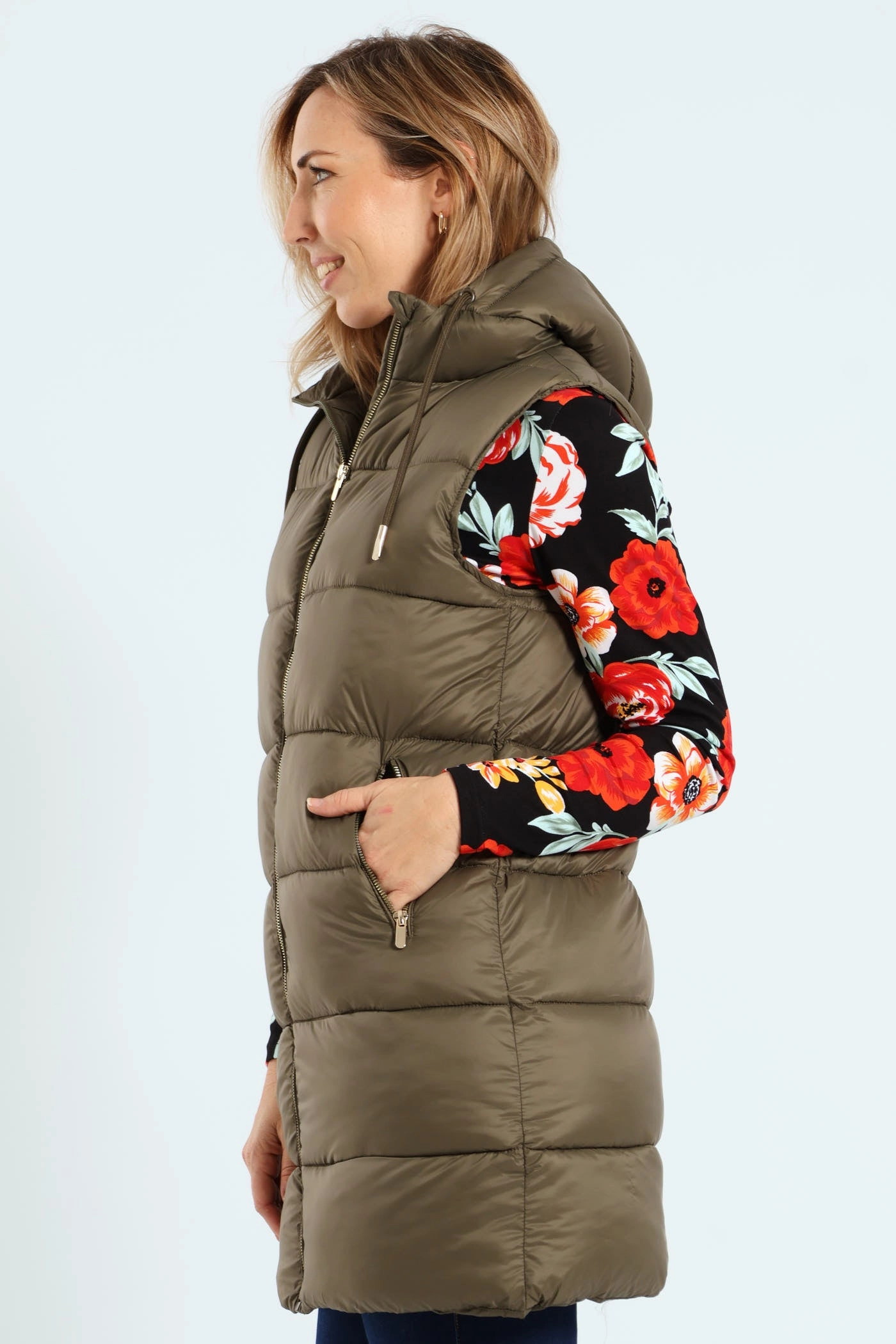 Sleeveless Zip Detail Puffer Gilet - Dark Sage NoiseReduciting Fabric