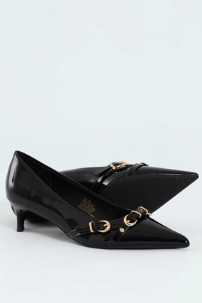 Tait 1 Pointed Toe Buckle Kitten Court Heel - Black Bold Detail Smart Sandals