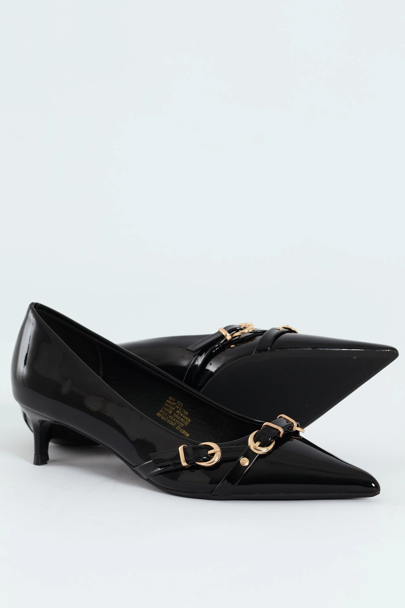 Tait 1 Pointed Toe Buckle Kitten Court Heel - Black Bold Detail Smart Sandals