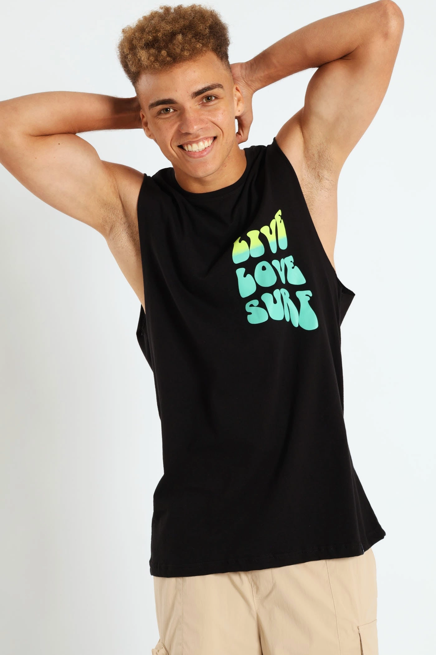 Live Love Surf Muscle Hugger Tee - Black crew neck