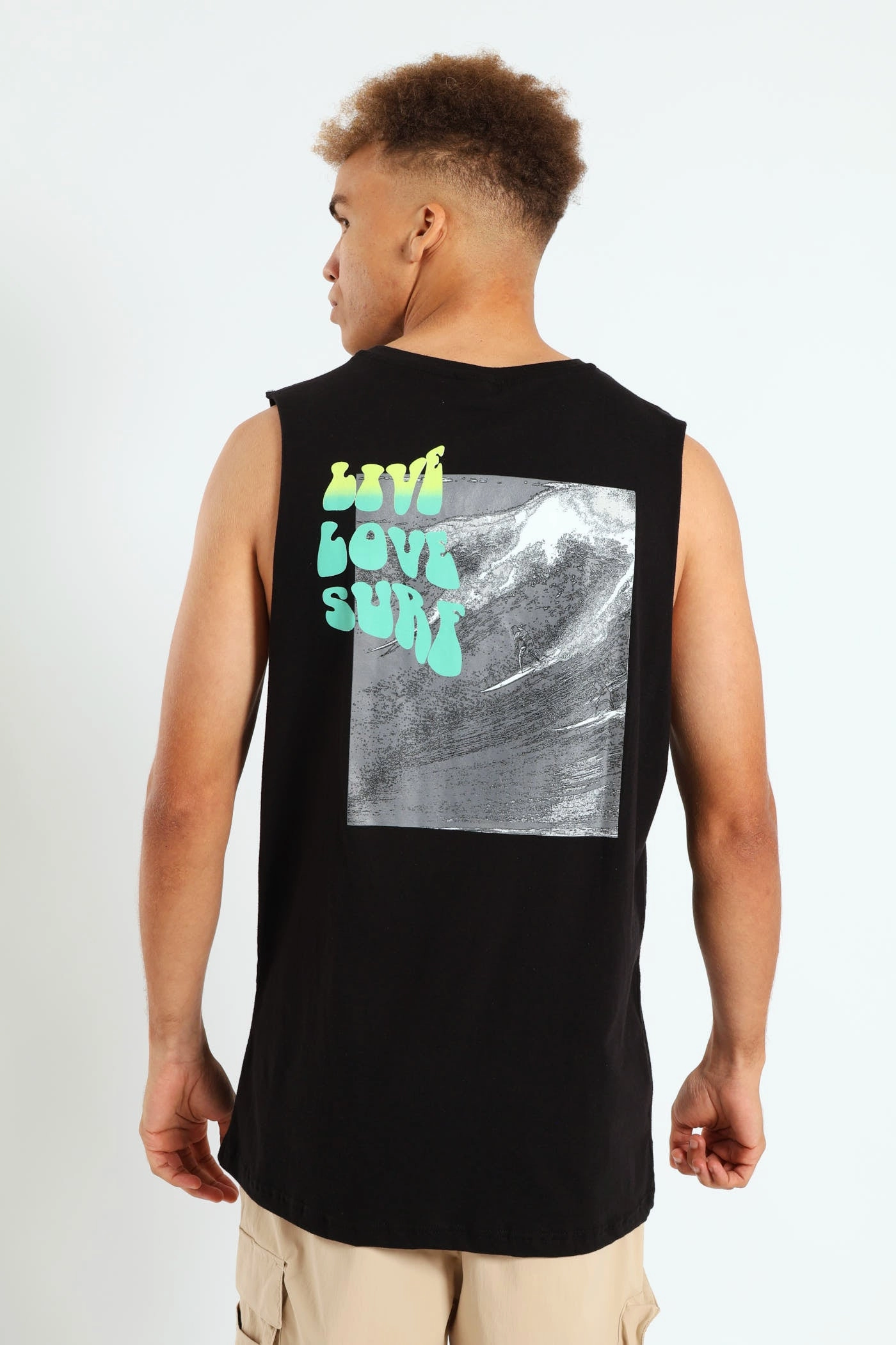FadeResistantPrint Live Love Surf Muscle Hugger Tee - Black