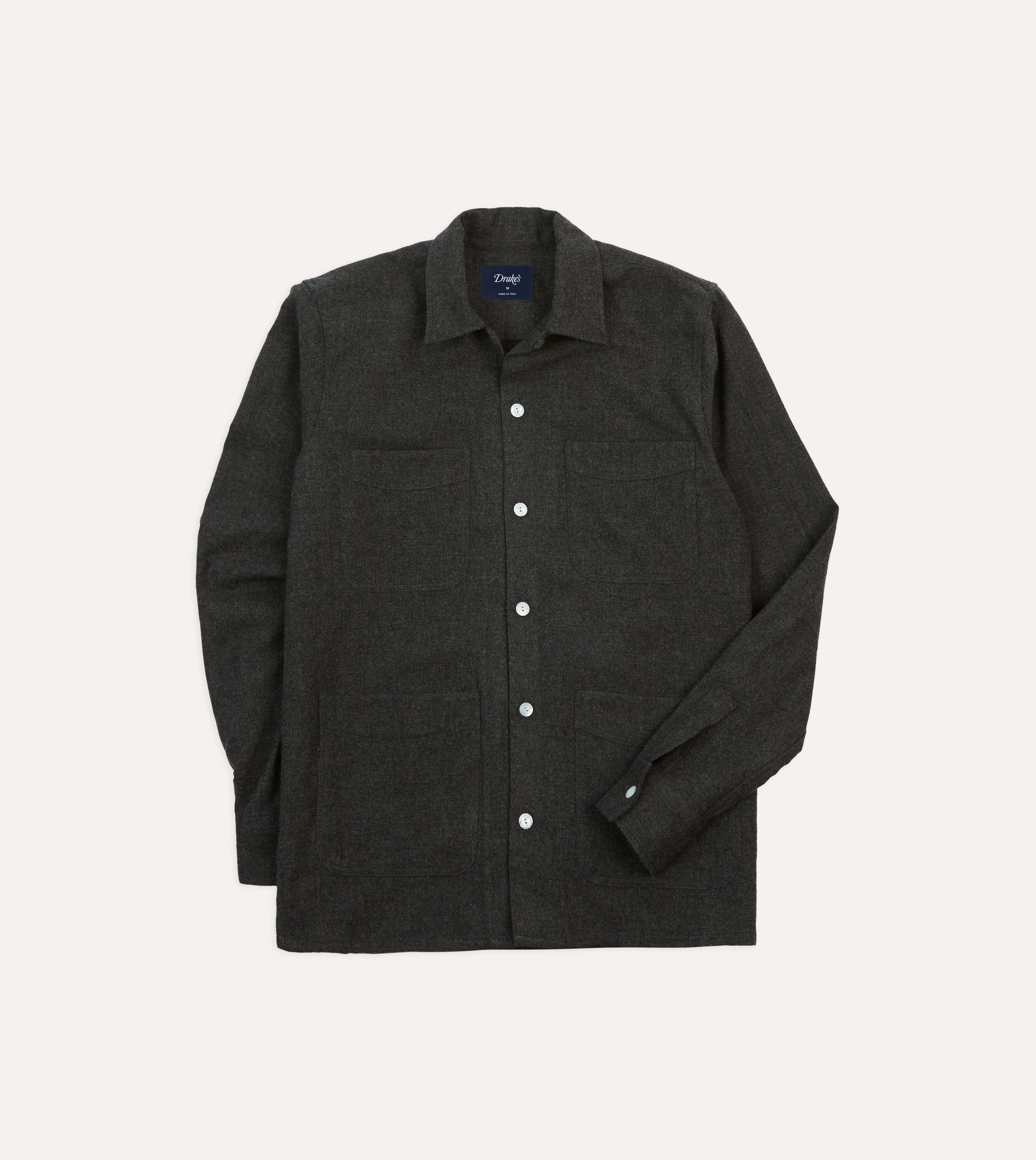 Grey Wool Four-Pocket Camp Collar Work Shirt Fitted Shape